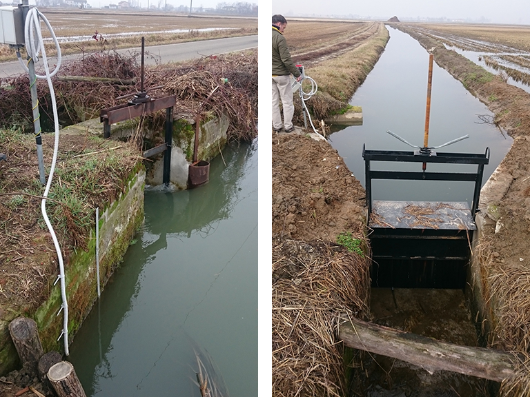 a sinistra: misuratore di portata irrigua installato nel canale in ingresso ad un’unità aziendale - a destra: misuratore di portata irrigua installato nel canale in uscita ad un’unità aziendale