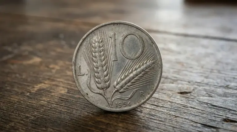 Moneta italiana da 10 lire con spiga del 1954 su superficie in legno