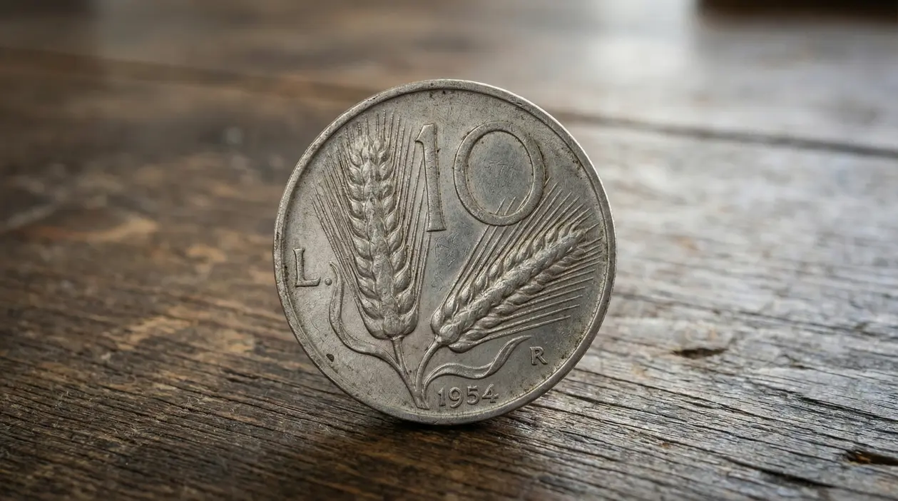 Moneta italiana da 10 lire con spiga del 1954 su superficie in legno