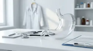 Modello trasparente di stomaco umano su una scrivania medica con strumenti clinici