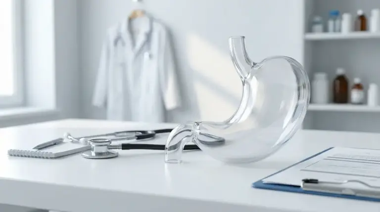 Modello trasparente di stomaco umano su una scrivania medica con strumenti clinici