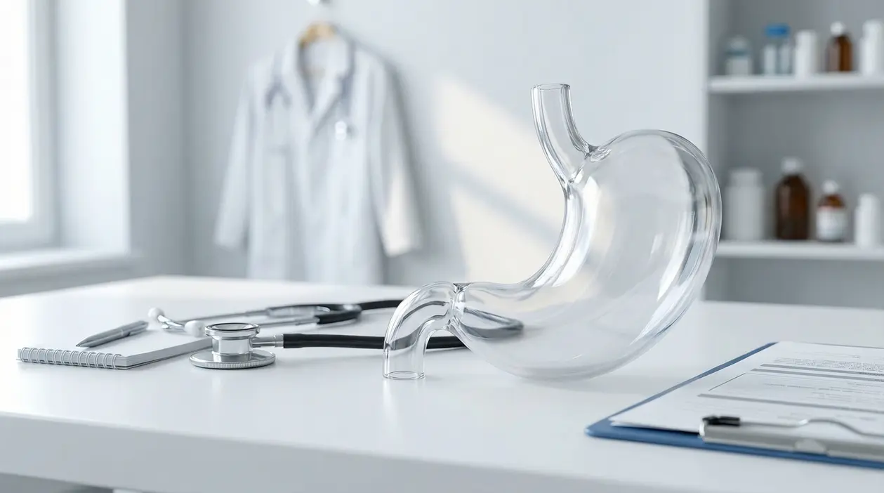 Modello trasparente di stomaco umano su una scrivania medica con strumenti clinici