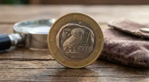 Moneta da 1 euro greca con simbolo del gufo in primo piano su tavolo di legno