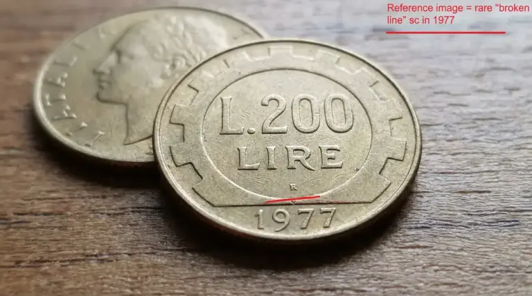 Moneta italiana da 200 lire del 1977 su una superficie in legno