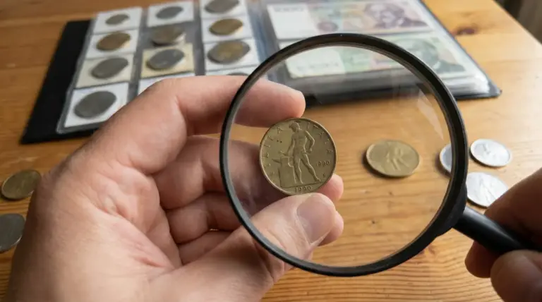 Moneta da 50 lire del 1990 osservata con una lente d'ingrandimento su un tavolo con altre monete