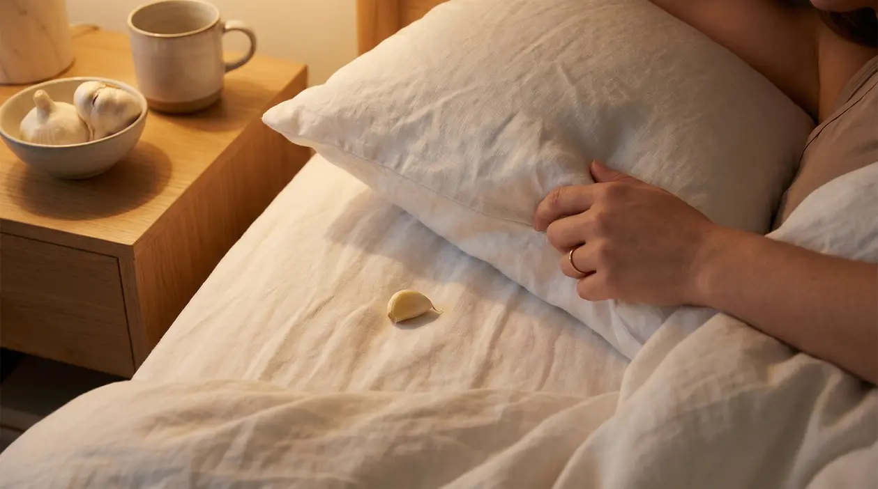 Spicchio d'aglio su un letto accanto a una persona che riposa