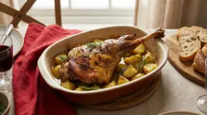 Cosciotto di agnello al forno con patate e rosmarino in una teglia da portata