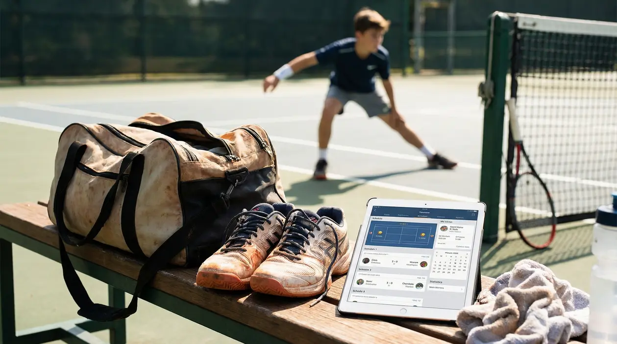 Campo da tennis con attrezzatura sportiva in primo piano e una persona che gioca sullo sfondo