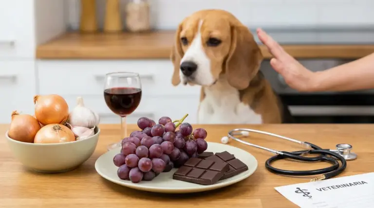 Cane davanti a cibi pericolosi come uva, cioccolato, cipolle, aglio e vino rosso su un tavolo