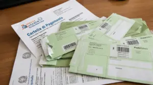 Documenti ufficiali e cartelle esattoriali su un tavolo di legno