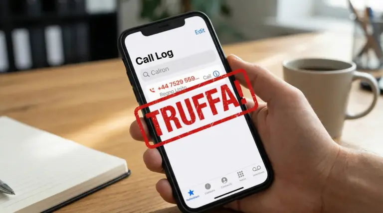 Persona che tiene uno smartphone con una chiamata sospetta da numero internazionale