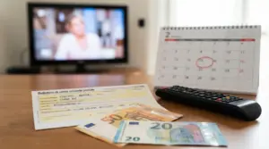 Bollettino postale, banconote in euro, calendario e telecomando davanti a una TV accesa