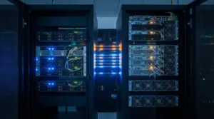 Server rack in un data center con luci LED blu e cablaggio di rete visibile