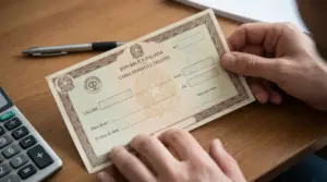 Persona tiene in mano un buono fruttifero postale su una scrivania di legno