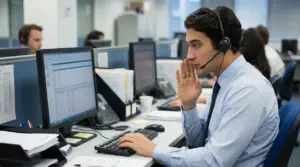 Operatore al call center con cuffie e microfono mentre parla davanti al computer