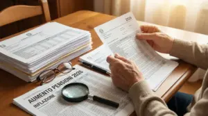 Persona che consulta documenti sulle pensioni 2026 con tabelle e dati su un tavolo