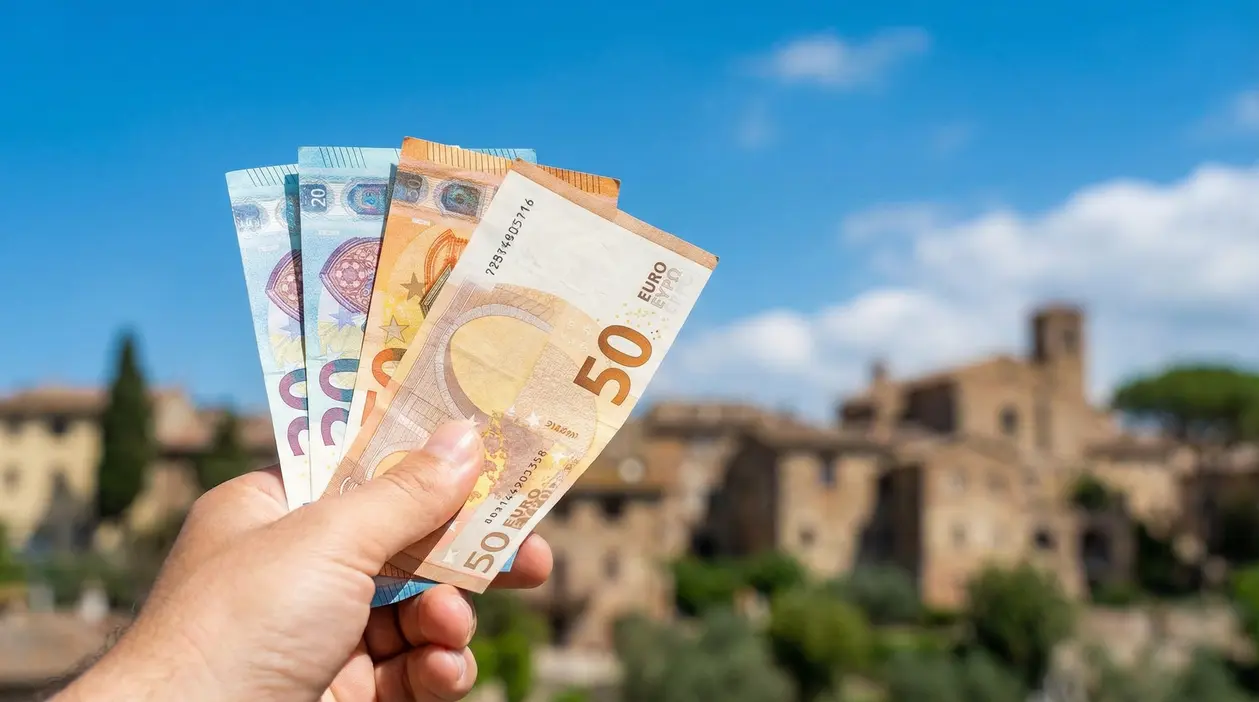 Una mano tiene banconote in euro con un paesaggio italiano sullo sfondo