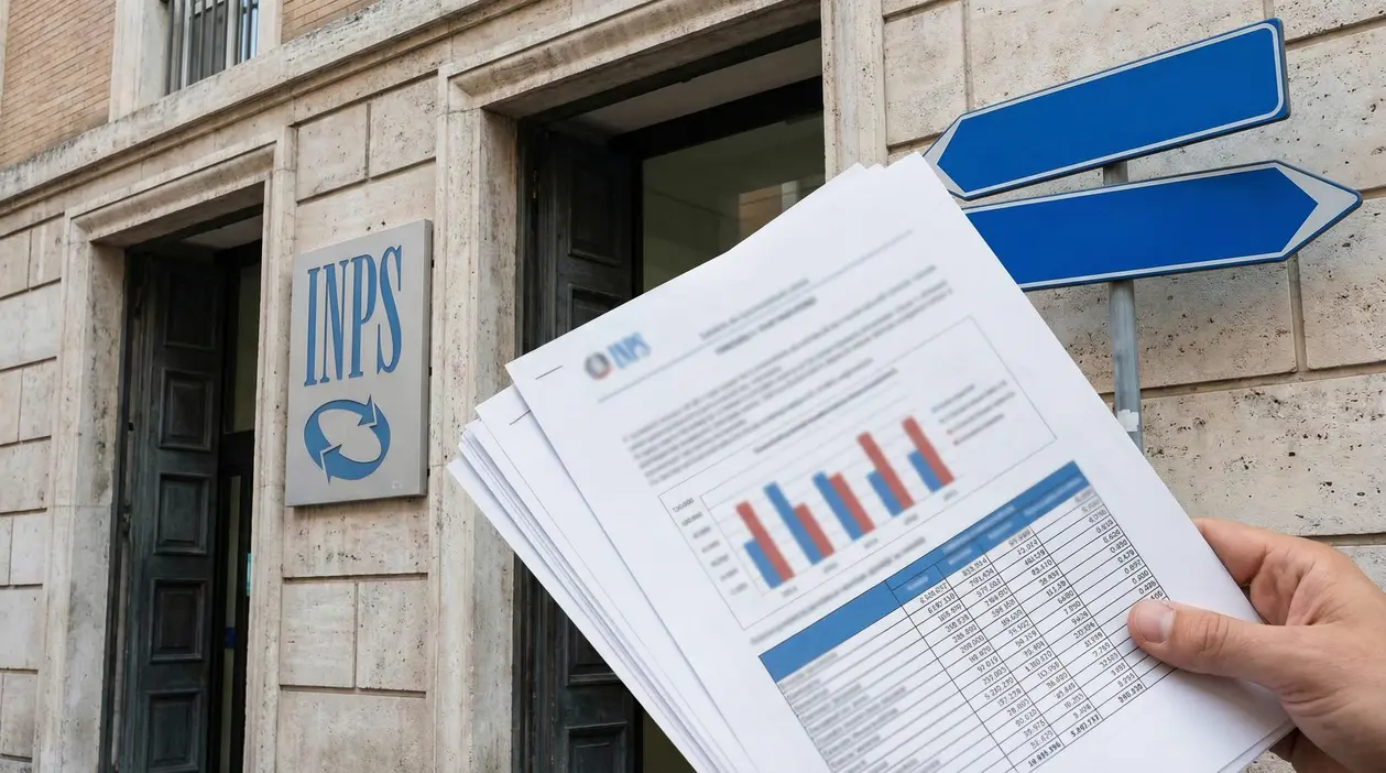 Una mano tiene documenti con grafici e tabelle davanti alla sede INPS