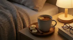 Tazza con banana e cannella su comodino accanto a letto e lampada accesa