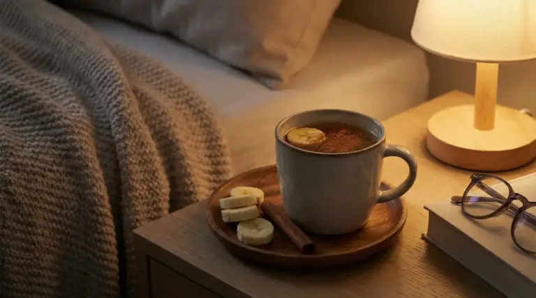 Tazza con banana e cannella su comodino accanto a letto e lampada accesa