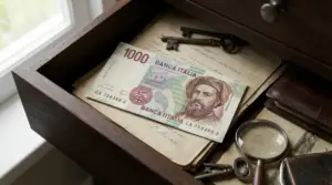 Vecchia banconota da 1000 lire in un cassetto con lettere e oggetti vintage