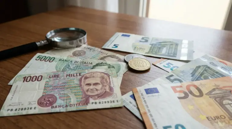 Banconote in lire e euro e una lente d'ingrandimento su un tavolo di legno.