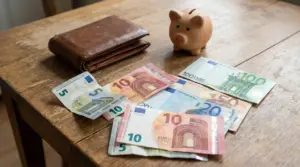 Banconote in euro sparse su un tavolo accanto a un portafoglio e un salvadanaio