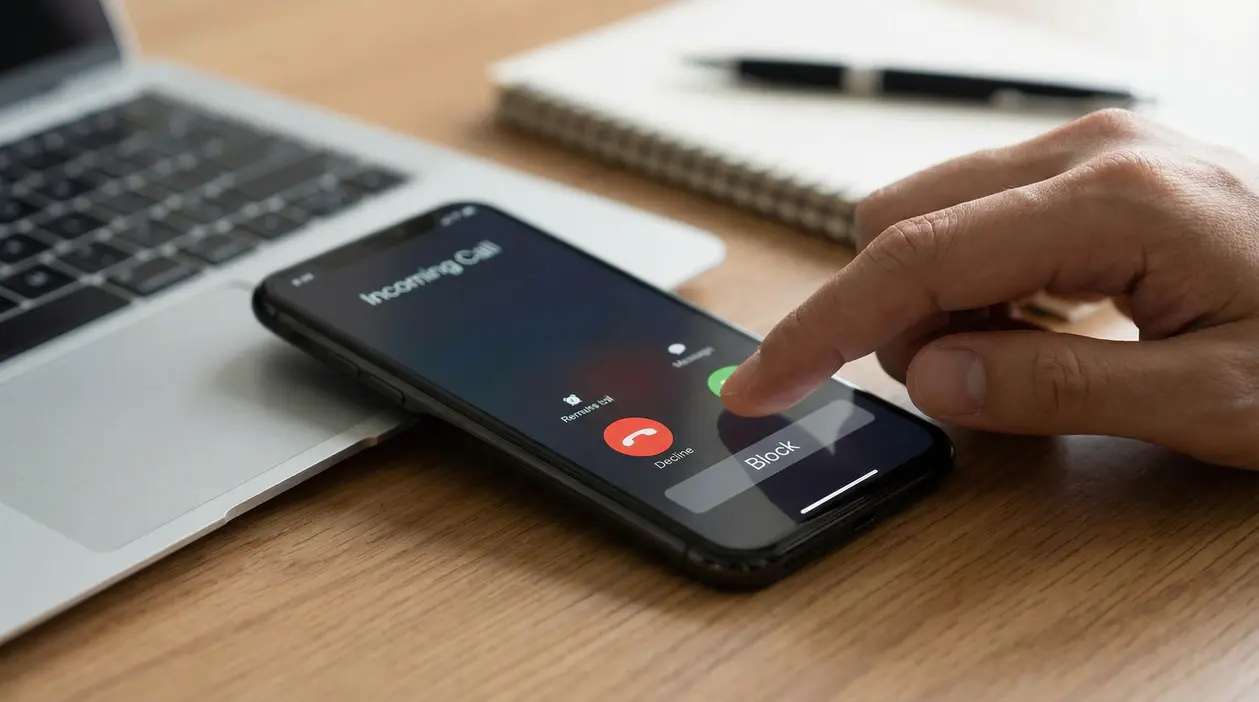 Una mano blocca una chiamata in arrivo su uno smartphone appoggiato vicino a un laptop
