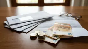 Banconote e monete euro accanto a bollette su un tavolo