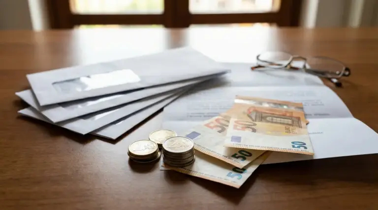 Banconote e monete euro accanto a bollette su un tavolo