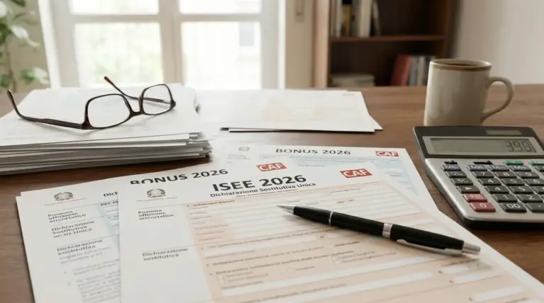 Moduli ISEE 2026 per bonus CAF su una scrivania con occhiali, calcolatrice e penna