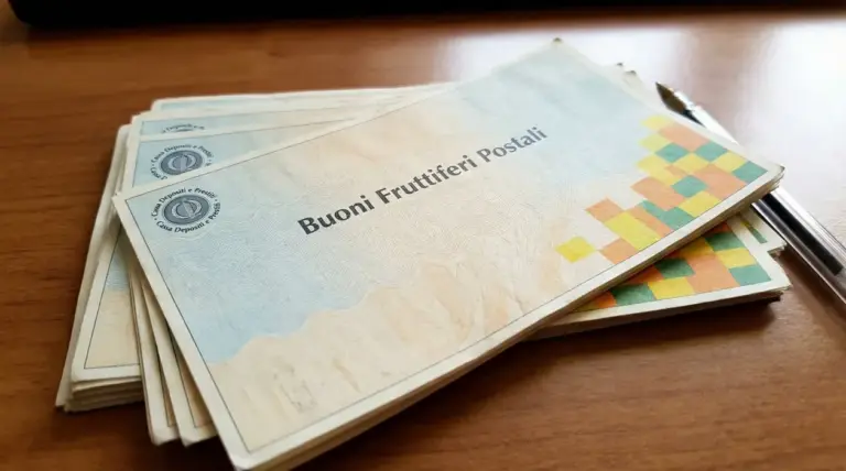 Buoni fruttiferi postali su un tavolo con una penna accanto