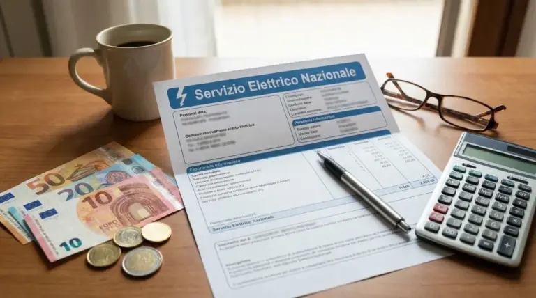 Bolletta del Servizio Elettrico Nazionale su un tavolo con calcolatrice, occhiali, penna e banconote in euro