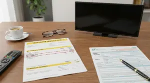 Scrivania con bolletta della luce, modulo F24, telecomando e televisore spento