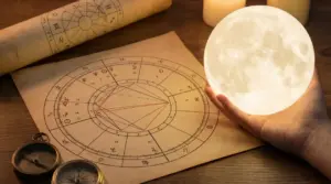 Mano che tiene una sfera luminosa simile alla luna accanto a una carta astrologica