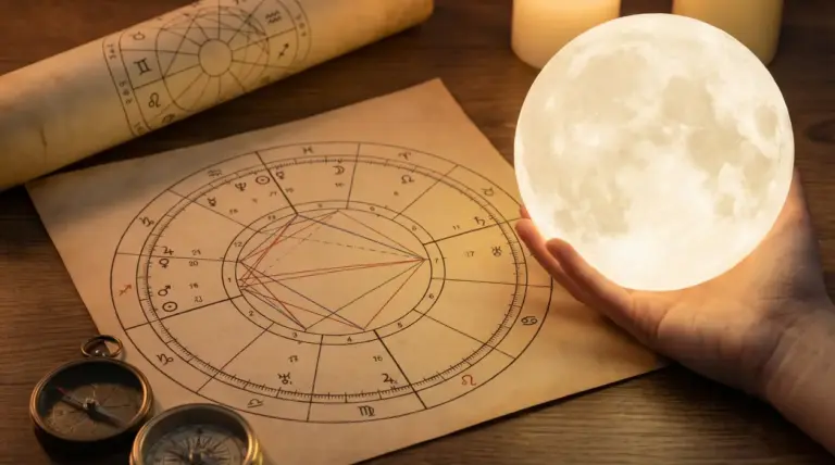 Mano che tiene una sfera luminosa simile alla luna accanto a una carta astrologica