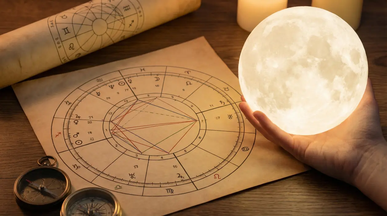 Mano che tiene una sfera luminosa simile alla luna accanto a una carta astrologica