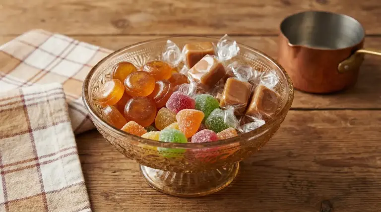 Caramelle assortite in una coppa di vetro su un tavolo rustico in legno