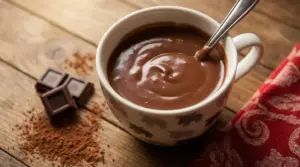 Tazza di cioccolata calda cremosa con cucchiaino su tavolo in legno