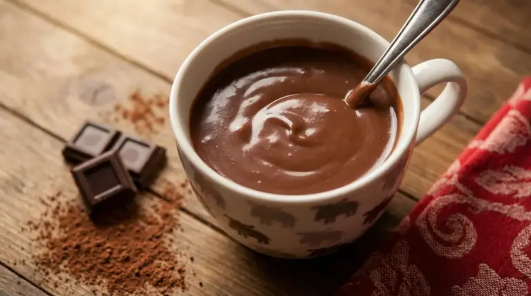 Tazza di cioccolata calda cremosa con cucchiaino su tavolo in legno
