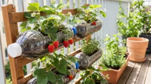 Piante di fragole che crescono in bottiglie di plastica appese su un balcone