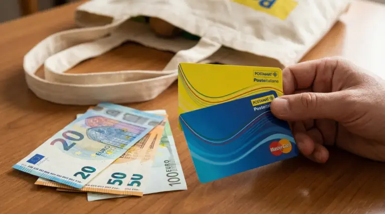 Una mano tiene una carta Postepay vicino a banconote in euro su un tavolo