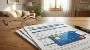 Documenti per l'assegno di inclusione su un tavolo con occhiali, penna e carta Poste Italiane