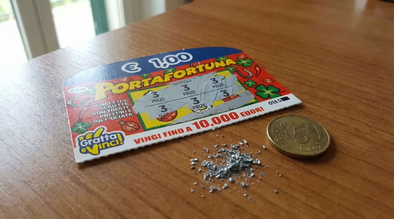 Gratta e vinci grattato su un tavolo con una moneta e residui di argento