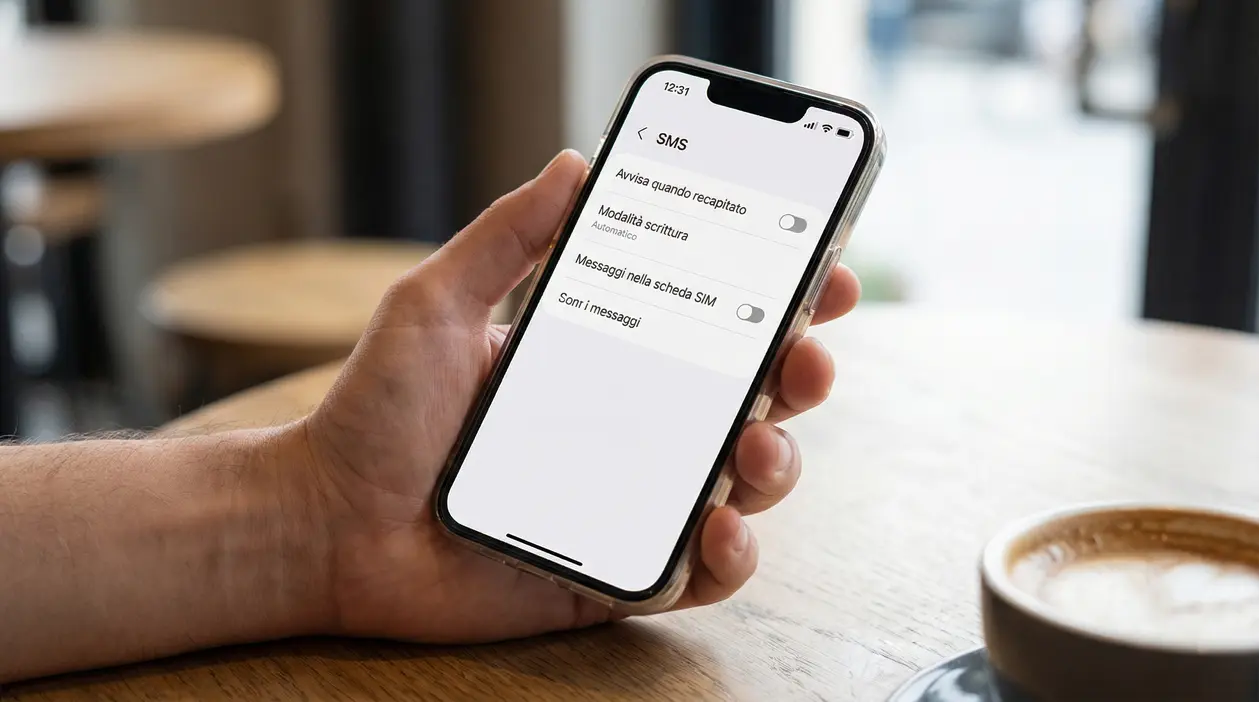 Una persona tiene in mano uno smartphone mostrando le impostazioni degli SMS