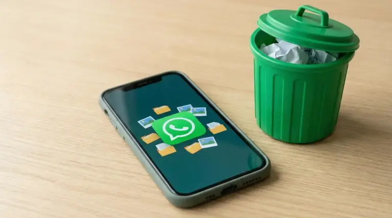 Smartphone con icona di WhatsApp accanto a un cestino verde sopra un tavolo in legno