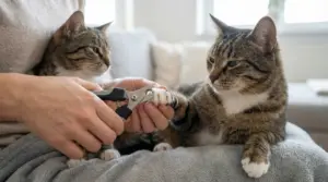 Persona taglia le unghie a un gatto tigrato mentre un altro gatto osserva