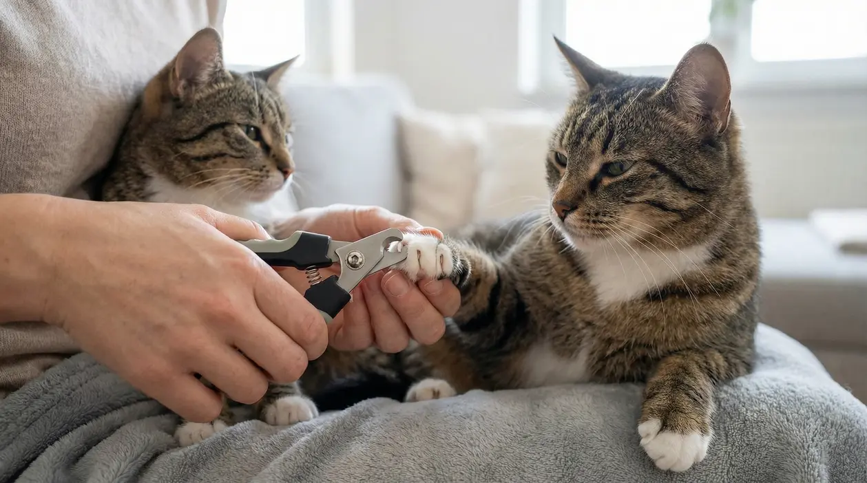 Persona taglia le unghie a un gatto tigrato mentre un altro gatto osserva