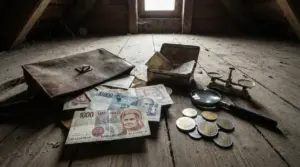 Vecchie lire, monete e oggetti d’epoca trovati in una soffitta polverosa