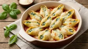 Conchiglioni ripieni al forno con ricotta e spinaci in una teglia su tavolo rustico